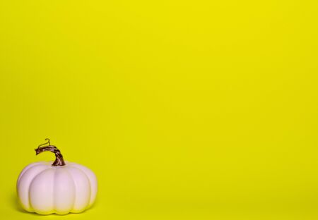 White decorative thanksgiving pumpkin front view on a green yellow background with room for textの写真素材