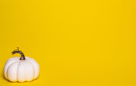 White decorative thanksgiving pumpkin front view on a yellow background with room for textの写真素材