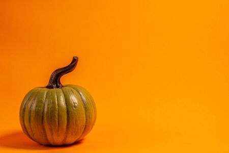 Green decorative thanksgiving pumpkin front view on an orange background with room for textの写真素材