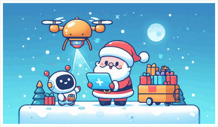 Vector illustration of Santa Claus with drone and gift box on winter backgroundのイラスト素材