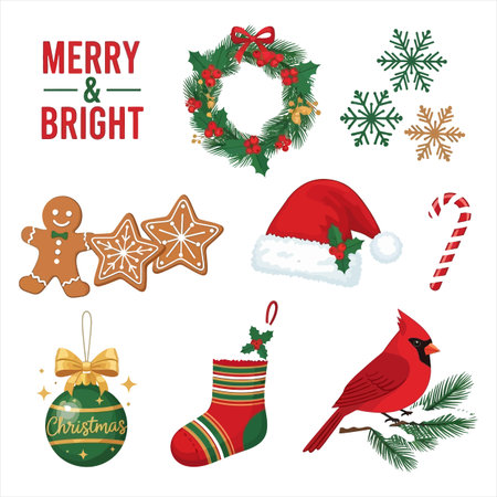 Christmas and New Year set of vector icons. Christmas tree, snowflakes, gingerbread man, Santa Claus hat, candy cane, christmas sock, gingerbread man, fir branches.のイラスト素材