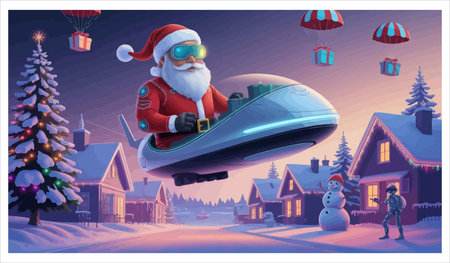 Santa Claus flying on a snowmobile in the village, vector cartoon illustrationのイラスト素材