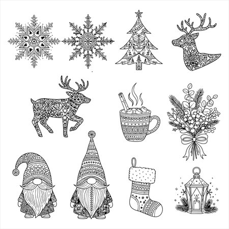 Christmas and New Year doodle set with deer, snowflakes, christmas tree, sock, cup of hot chocolate, gingerbread man, mistletoe. Vector illustration.のイラスト素材