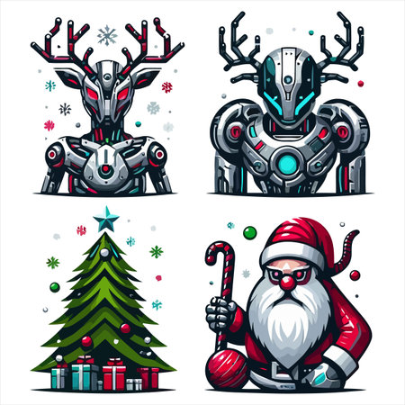 Santa Claus, reindeer, robot and Christmas tree. Vector illustration.のイラスト素材