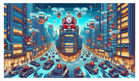 Santa Claus on the top of a building in the city. Vector illustrationのイラスト素材