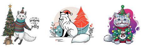 Set of cute animals in Christmas sweaters and hats. Vector illustration.のイラスト素材