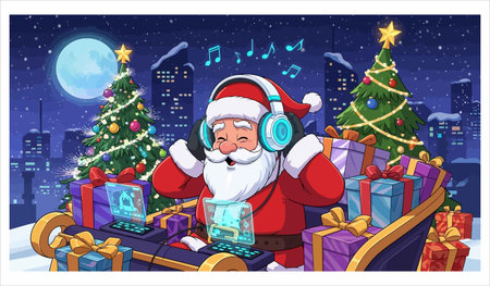 Santa Claus listening to music with headphones and Christmas tree in the background. Vector illustrationのイラスト素材