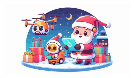 Santa Claus with drone. Christmas and New Year concept. Vector illustrationのイラスト素材