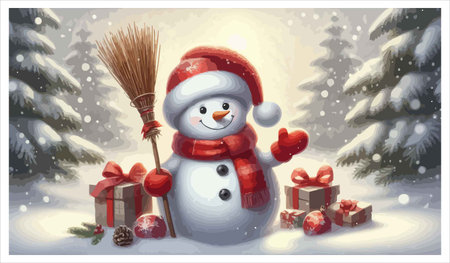 Snowman with a broom in the winter forest. Vector illustration.のイラスト素材