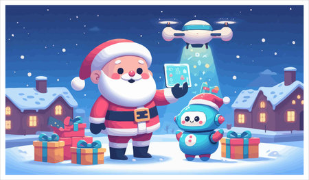Santa Claus and snowman with drone, vector illustration. Merry Christmas and Happy New Year.のイラスト素材