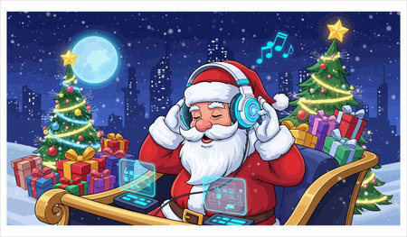 Santa Claus with headphones listening to music on sleigh at night illustrationのイラスト素材