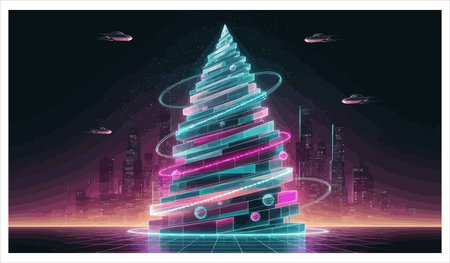 Christmas tree made of neon lights in the city. Vector illustration.のイラスト素材