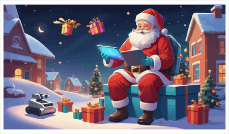 Santa Claus using tablet pc. Merry Christmas and Happy New Year. Vector cartoon illustrationのイラスト素材