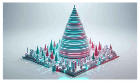 illustration of isometric christmas tree in modern city background.