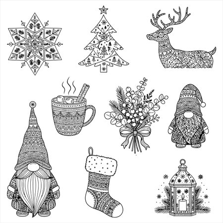Set of Christmas elements. Hand drawn vector illustration. Doodle style.のイラスト素材