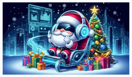 Santa Claus with headphones listening to music on a sled. Vector illustrationのイラスト素材