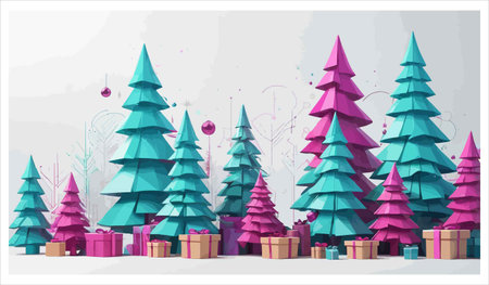 Vector illustration of Christmas tree with gift boxes in the forest. Holiday background.のイラスト素材