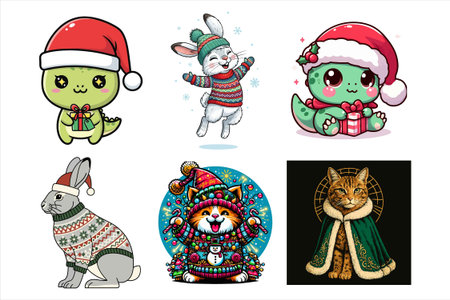 Set of cute cartoon animals in christmas clothes. Vector illustration.のイラスト素材