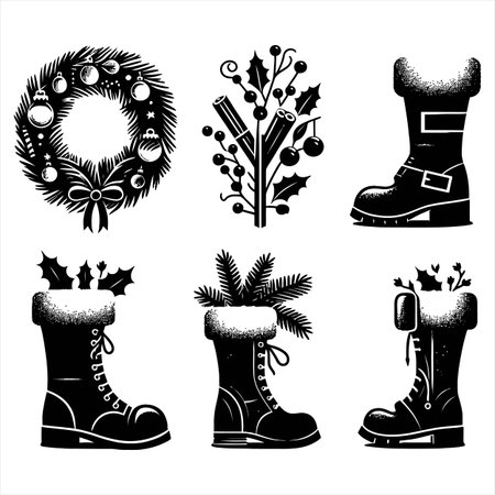 Christmas and New Year elements set. Vector illustration in black and white.のイラスト素材