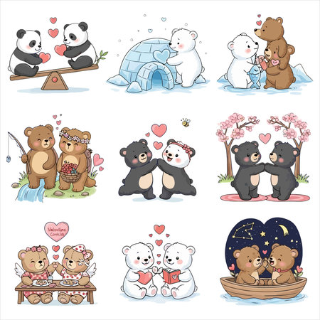 Set of cute cartoon bears in love. Vector illustration isolated on white background.のイラスト素材
