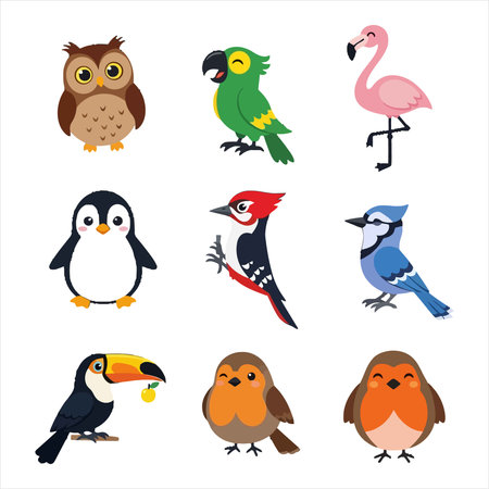 Set of cute cartoon birds. Vector illustration isolated on white background.のイラスト素材