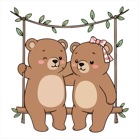 Cute bear couple on swing. Vector illustration isolated on white background.のイラスト素材