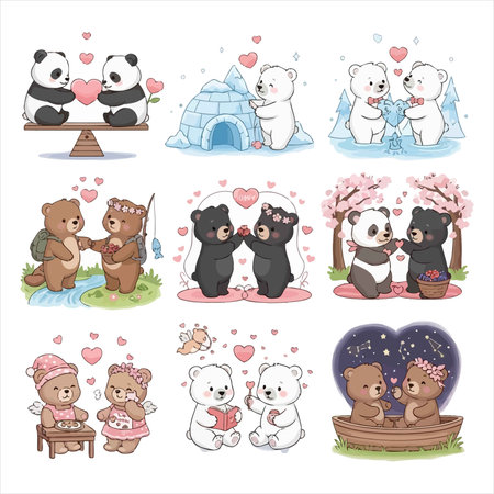 Set of cute cartoon bears in love on white background. Vector illustration.のイラスト素材