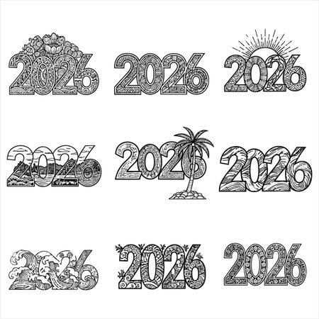 New Year's card 2020. Set of black and white vector illustrations.のイラスト素材