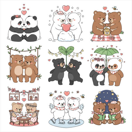 Collection of cute bears in love. Vector illustration isolated on white background.のイラスト素材