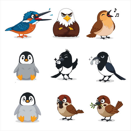 Cute cartoon birds collection isolated on white background. Vector illustration.のイラスト素材