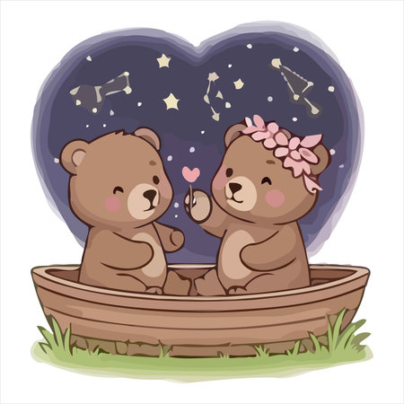 Cute teddy bear couple in a wooden boat on the background of the starry skyのイラスト素材
