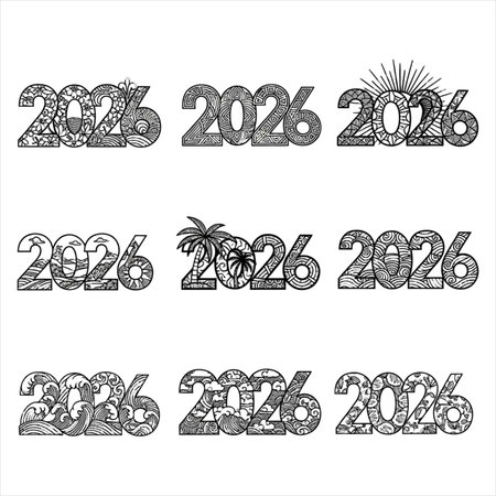 Happy new year. Set of numbers in doodle style. Vector illustration.のイラスト素材
