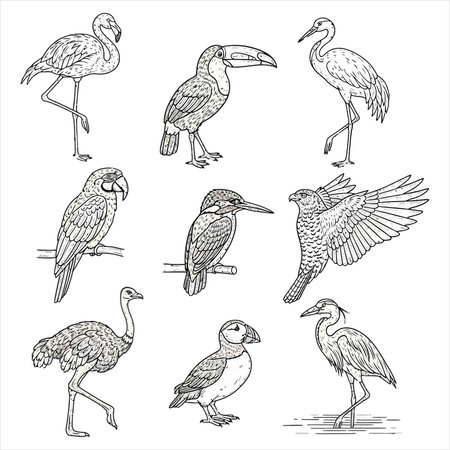 Set of different hand drawn exotic birds isolated on white background. Vector illustration.のイラスト素材