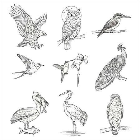 Set of vector illustrations of birds on a white background. Sketch.のイラスト素材