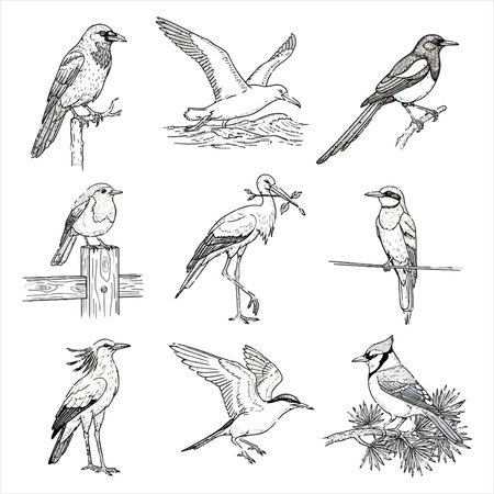 Set of birds. Hand drawn vector illustrations. Isolated on white background.のイラスト素材
