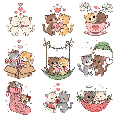 Cute cartoon animals in love set. Vector illustration. Isolated on white background.のイラスト素材