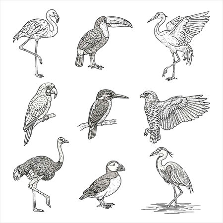 Set of hand drawn vector illustrations of exotic birds. Isolated on white background.のイラスト素材