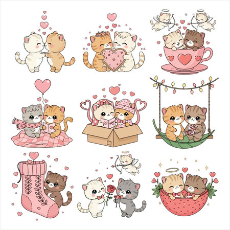 Cute cartoon cats in love set. Vector illustration isolated on white background.のイラスト素材