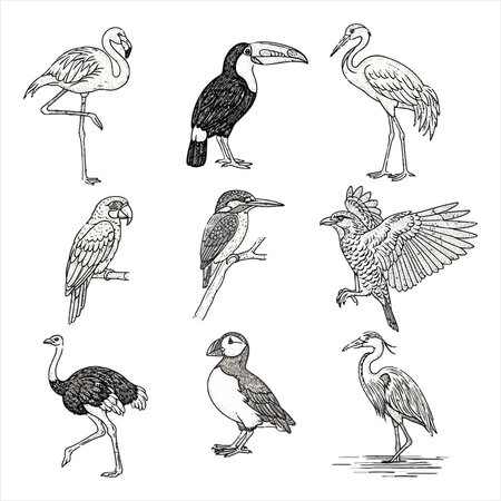 Set of hand drawn vector illustrations of exotic birds. Isolated on white background.のイラスト素材