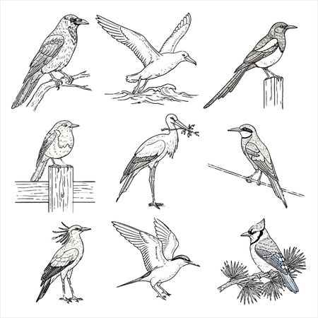 Set of hand drawn birds. Vector illustration. Black and white.のイラスト素材