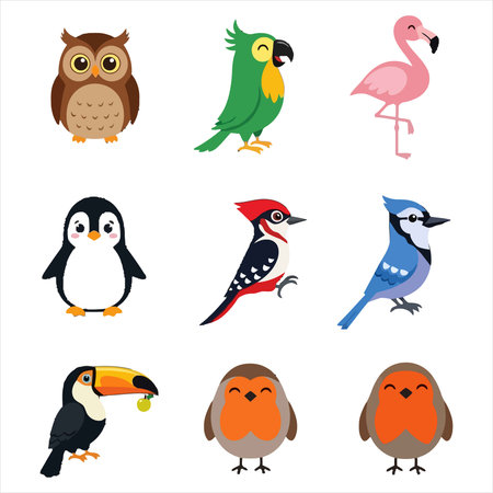 Vector set of cute cartoon birds. Illustration isolated on white background.のイラスト素材