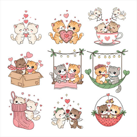Set of cute cartoon animals in love. Valentine's day. Vector illustration.のイラスト素材