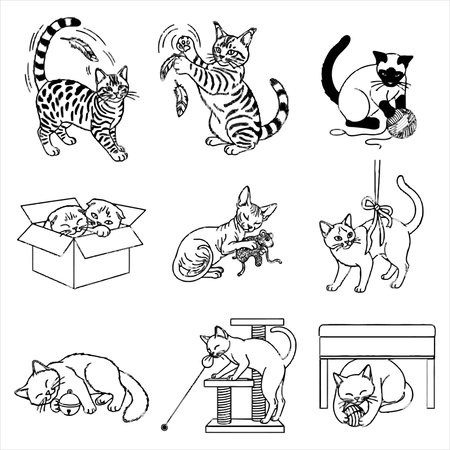 Funny cats and kittens, vector set. Black and white hand drawn illustration.のイラスト素材
