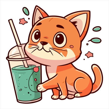 Cute cartoon cat drinking juice from a glass. Vector illustration.のイラスト素材