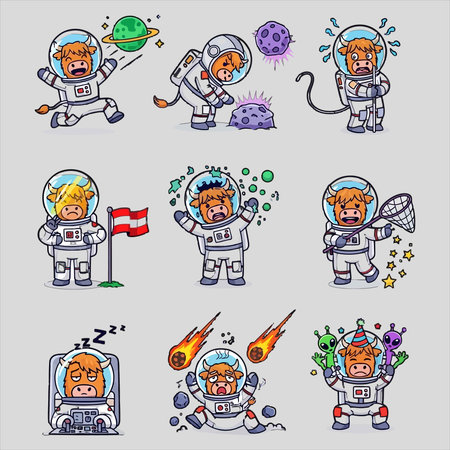 Set of cute astronaut characters. Vector illustration in cartoon style isolated on grey background.のイラスト素材