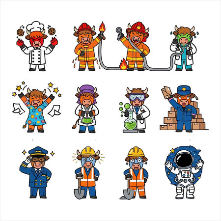 This vibrant vector illustration features a collection of adorable cartoon cows portraying various professional roles, including a chef, firefighter, doctor, scientist, postal worker, pilot, construction worker, and astronaut. It symbolizes career diversity, ambition, and the joy of work, making it perfect for educational materials, children's books, and job-related themes, showcasing different pathways and future possibilities in a fun and engaging way. Ideal for projects promoting professional exploration.のイラスト素材