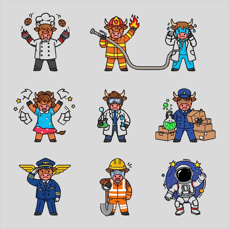 Cartoon firemen and firemen icons set. Vector illustration.のイラスト素材