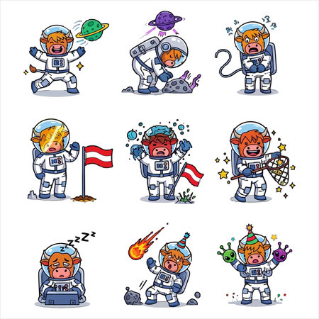 A comprehensive vector illustration set featuring a charming cartoon cow astronaut in various space adventures. This whimsical collection captures the bovine explorer's journey through cosmic realms, depicting a range of emotions and activities like planet interaction, flag planting, star catching, alien encounters, meteor dodging, and even a space nap. Ideal for playful designs, educational content, and children's projects.のイラスト素材