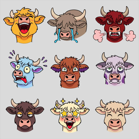 A collection of nine vibrant, expressive cartoon cow and bull heads, each depicting a different emotion. From joy and excitement to sadness, anger, fear, and surprise, these diverse animal character illustrations are perfect for conveying a wide range of feelings in a fun, relatable, and engaging way. Ideal for projects needing emotive bovine characters.のイラスト素材