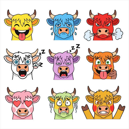 Set of funny cartoon cow faces. Vector illustration isolated on white background.のイラスト素材